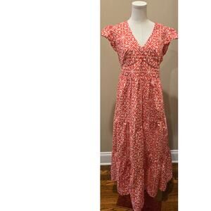 Boden May Cotton Midi Tea Dress Floral Mosaic Red Pink V-Neck Womens 10 Long